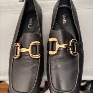 Vaneli Black Loafers with Gold Buckle